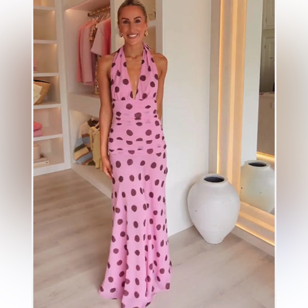 Zara Halter Neck Pink Maxi Dress with Black Dots
